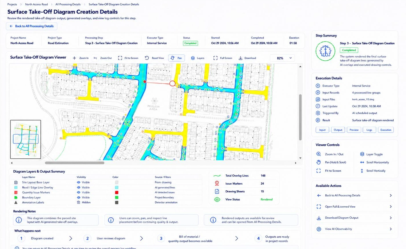 Surface take-off design reference from Applebridge discovery, with colour-coded road surface areas and review controls.