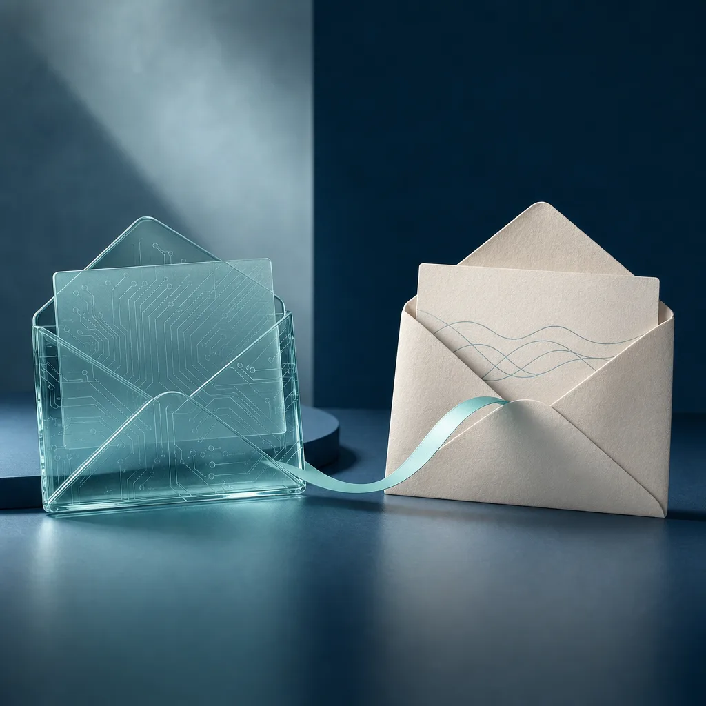 Editorial illustration contrasting a transparent digital envelope with a warm paper envelope