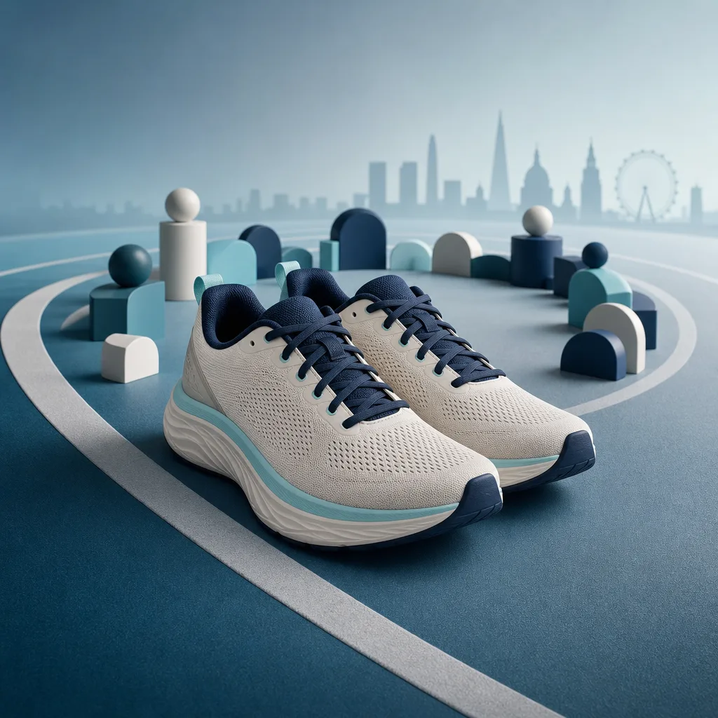 Editorial illustration of running shoes on a track with the London skyline and a surrounding community
