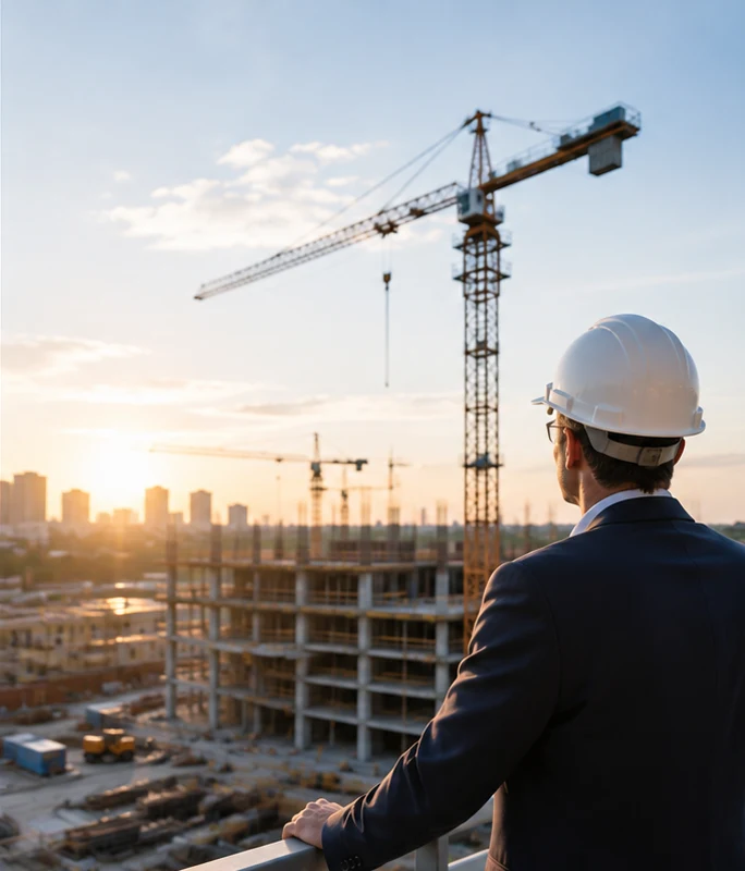Construction professional overlooking a building site with tower cranes.